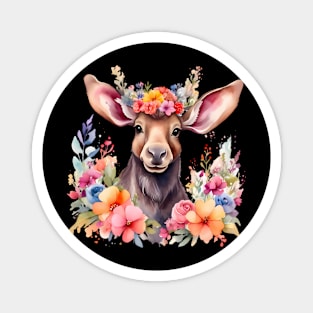 A moose decorated with beautiful watercolor flowers Magnet